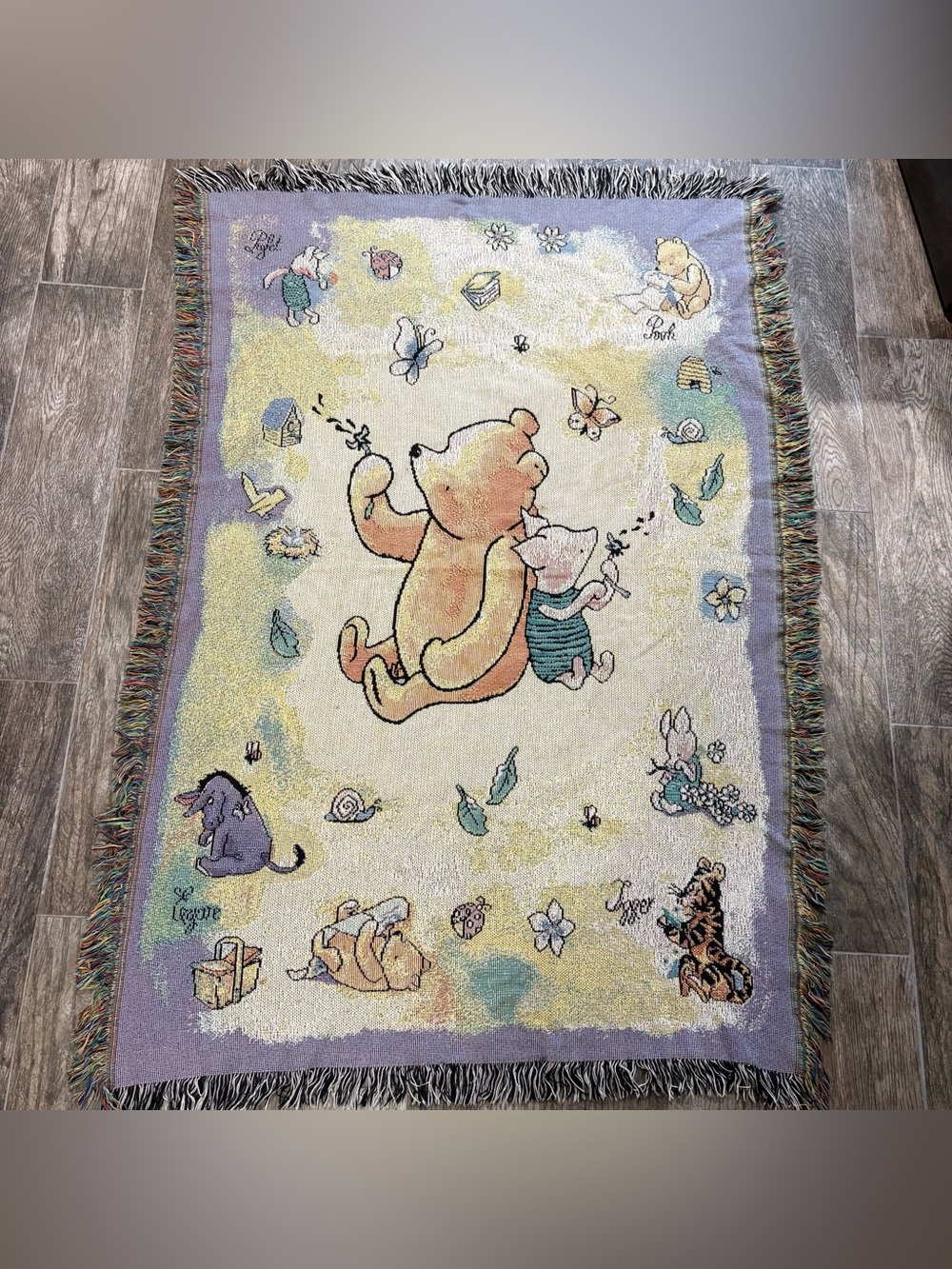 VTG Classic Winnie The Pooh & Piglet Woven Tapestry Throw Fringed Blanket 35x53